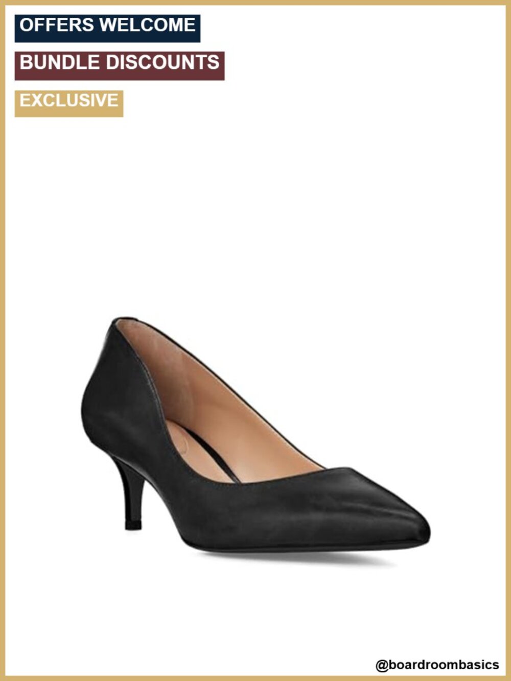 Pointy Toe Leather Pump, Kitten Heel, Slip-On, Padded Insole, Black